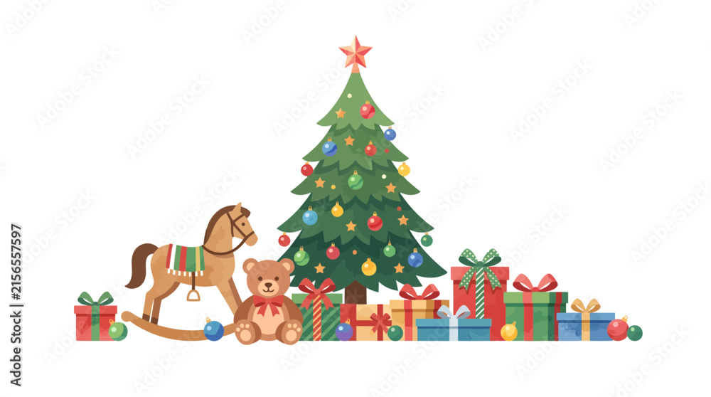 Fototapeta premium A festive Christmas scene with a decorated tree, gifts, a rocking horse, and a teddy bear on a white background.
