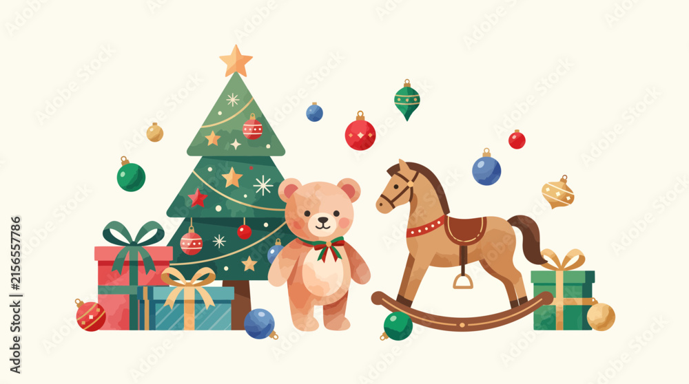 Fototapeta premium A charming watercolor illustration of Christmas toys and decorations, featuring a festive tree, a teddy bear, a rocking horse, and gift boxes, set against a light background.