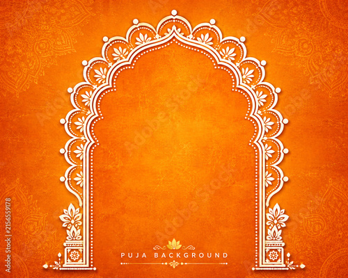 Elegant orange Puja background with ornate white arch frame and spacious copy area for festive designs