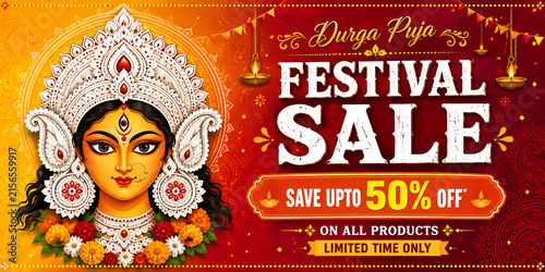 Durga Puja festival sale banner featuring Goddess Durga and a festive discount promotion