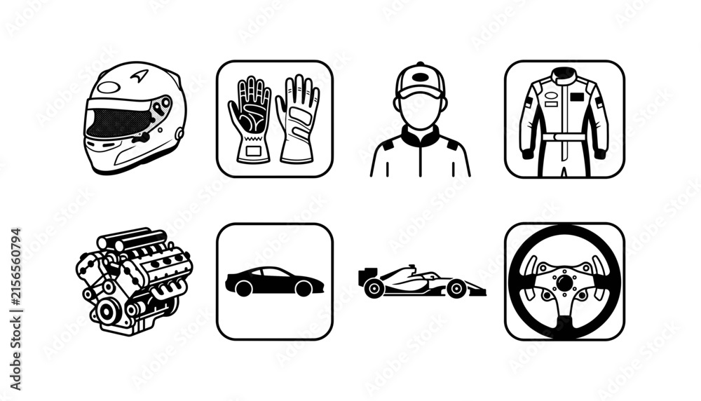 Fototapeta premium Car Racing and Motorsport Icon Set Featuring Helmet Gloves Driver Suit Engine Sports Car Formula One Racer and Steering Wheel Vectors