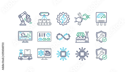 Smart Factory and Industry 40 Automation Line Icon Set Featuring Robotic Arm Conveyor Belt Microchip Dashboard Solar Plant and Security Shield Vectors