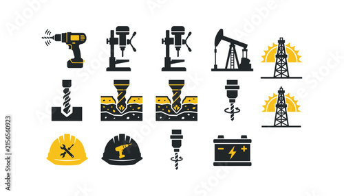  Industrial Drilling and Oil Rig Icon Set Featuring Power Drills Drill Press Rig Pumpjack Safety Helmets and Accumulator Battery Vectors