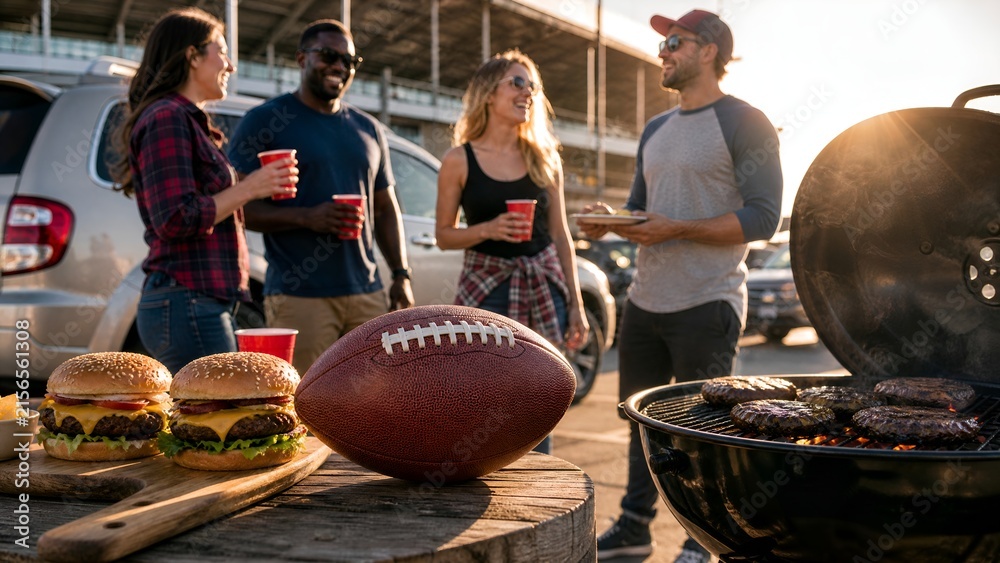 Naklejka premium Diverse Group of Friends Enjoying a Pre-game Football Tailgate Party with Burgers and Drinks