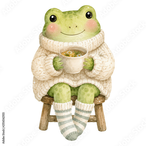 Frog sits on a stool and enjoys herbal tea in cozy setting