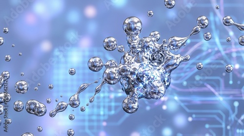 Reflective liquid mercury droplets containing glowing internal digital circuit patterns float over a blurred tech backdrop.