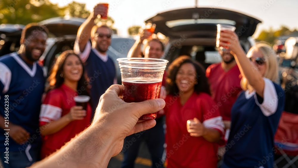 Obraz premium Diverse Group of Friends Enjoying a Pre-game Tailgate Celebration with Drinks in Hand