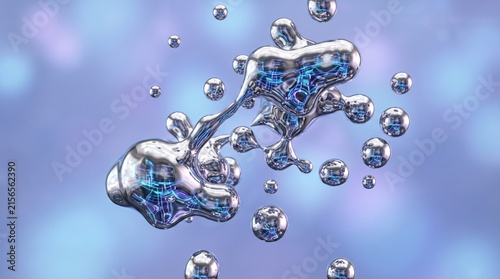 Reflective liquid mercury droplets containing glowing internal digital circuit patterns float over a blurred tech backdrop.