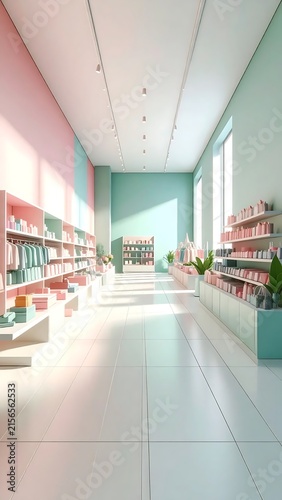 Modern minimalist interior design of a retail grocery store aisle.