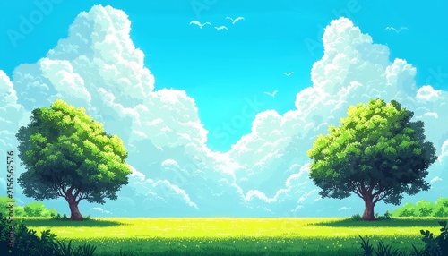Expansive green field is a focal point in the artwork.