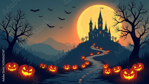 A Spooky Winding Path Lined With Glowing Jack O Lanterns Towards Castle
