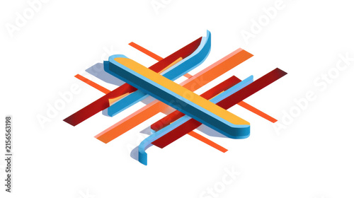 Abstract 3D isometric ribbon design with orange red blue and yellow crossing lines for modern sports badminton logo concept on white background