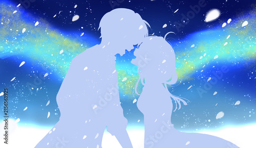 花吹雪の中幸せそうに向かい合う男女　夜空　天の川　シルエット