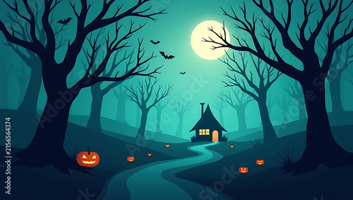 A Spooky Halloween Night With A Glowing House And Carved Jack O Lanterns