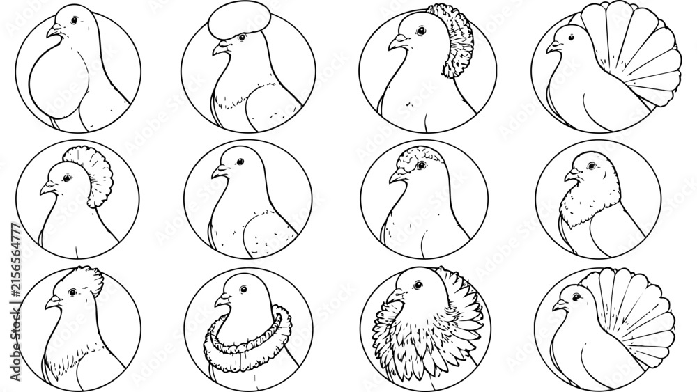 Fototapeta premium A collection of twelve distinct pigeon breeds depicted as simple circular line art icons.