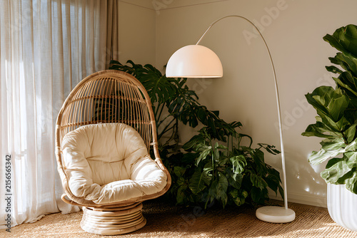 Placed in the living room, a rattan armchair and floor lamp, alongside plants, contribute to a cozy boho ambiance