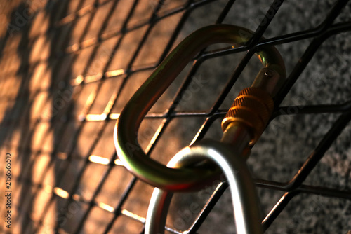 Photo of an iron wire fence and a body harness lanyard.