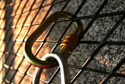 Photo of an iron wire fence and a body harness lanyard.