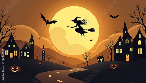 A Witch Flying Past A Haunted Village Under A Full Harvest Moon
