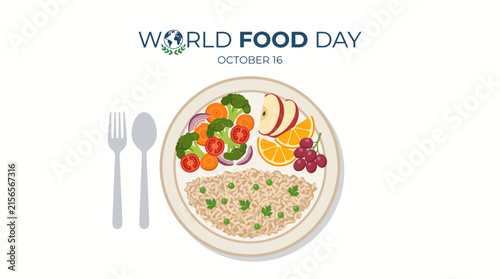World food day healthy plate illustration with rice vegetables and fresh fruit