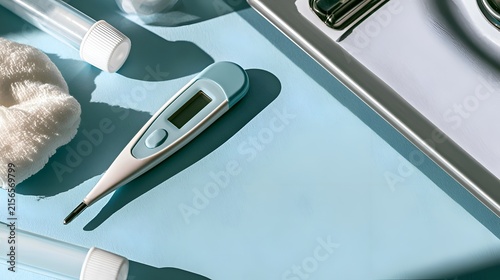 Digital Thermometer and Medical Supplies on a Light Blue Surface