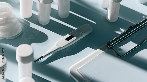 Digital Medical Thermometer and Laboratory Equipment on a Tray
