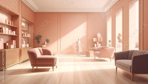 Modern minimalist living room interior with warm peach tones and soft sunlight.