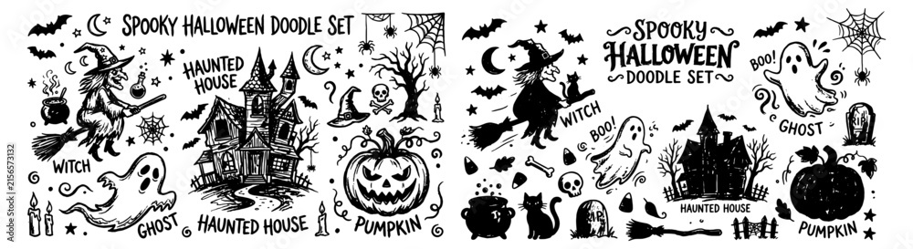 Obraz premium Spooky Halloween Doodle Set With Witch Ghost Haunted House Pumpkin Hand-Drawn Sketches 