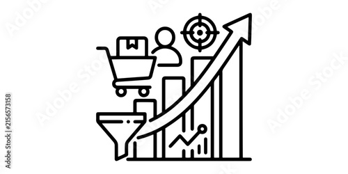 Business Growth and Sales Outline Icon with Shopping Cart, Target, Upward Arrow and Bar Chart