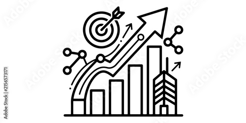 Business Growth Outline Icon with Target, Upward Arrow, Bar Chart and Analytics