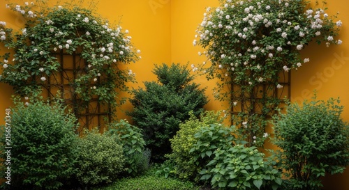 Lush Greenery and Blooming Plants Against a Vibrant Yellow Wall.