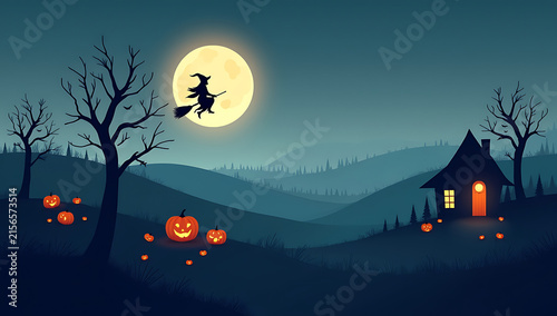 A silhouette of a witch flying on a broomstick over pumpkin fields
