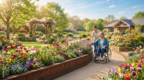 Woman in Wheelchair Enjoying Colorful Accessible Garden in Spring