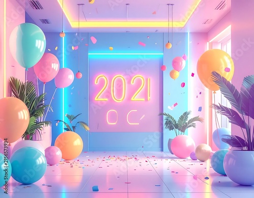 Neon 2021 New Year Celebration Background with Balloons and Confetti.