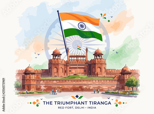 India Independence Day Watercolor Illustration of Red Fort and Flag