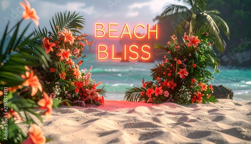 Neon Beach Bliss sign surrounded by tropical flowers on a sandy beach.