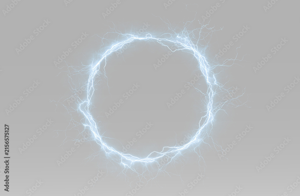 Naklejka premium Blue electric circle with glowing lightning ring, bright energy arcs, plasma sparks, powerful electrical discharge and futuristic portal effect