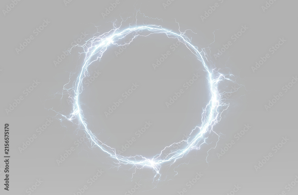 Naklejka premium Glowing electric portal with blue lightning circle, bright plasma ring, powerful energy bolts, electrical sparks and luminous arc effect