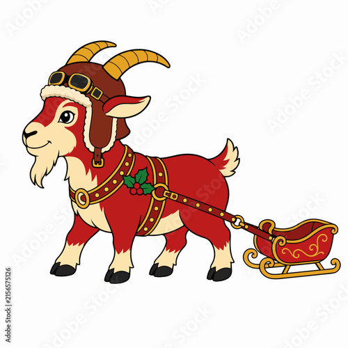 Fire goat character pulling a decorative red sled. Chinese New Year 2027 zodiac mascot. Cartoon animal isolated on white background