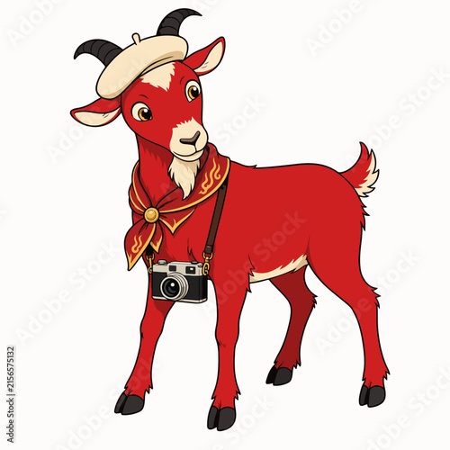 Red fire goat photographer character with vintage camera and beret. Chinese New Year 2027 zodiac mascot isolated on white background