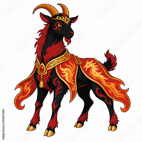 Black fire goat character with red flame cape and phoenix motif. Chinese New Year 2027 zodiac mascot isolated on white background