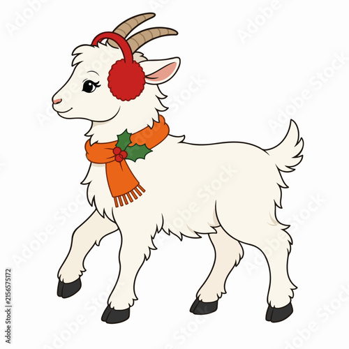 White goat character wearing winter earmuffs and scarf. Festive holiday mascot with holly berries for Chinese New Year 2027 isolated on white background