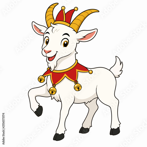 White jester goat character with bell collar and hat. Festive clown mascot for Chinese New Year 2027 isolated on white background