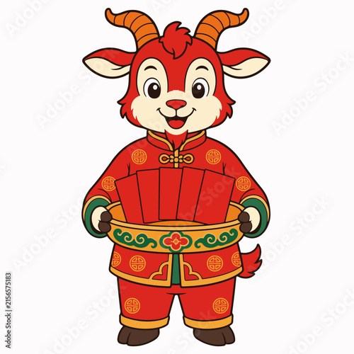 Red fire goat character holding tray of red envelopes. Chinese New Year 2027 zodiac mascot in traditional costume isolated on white background