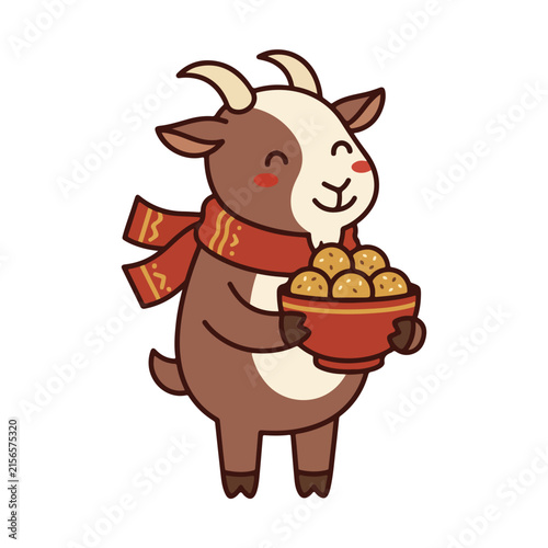 Brown goat character holding a bowl of traditional pastries. Chinese New Year 2027 zodiac mascot wearing a red scarf. Cartoon clipart isolated on white background