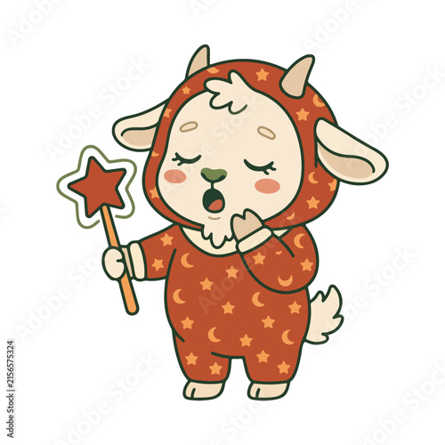 Fire goat character in star pajamas holding a magic wand. Chinese New Year 2027 zodiac mascot yawning. Cartoon clipart isolated on white background