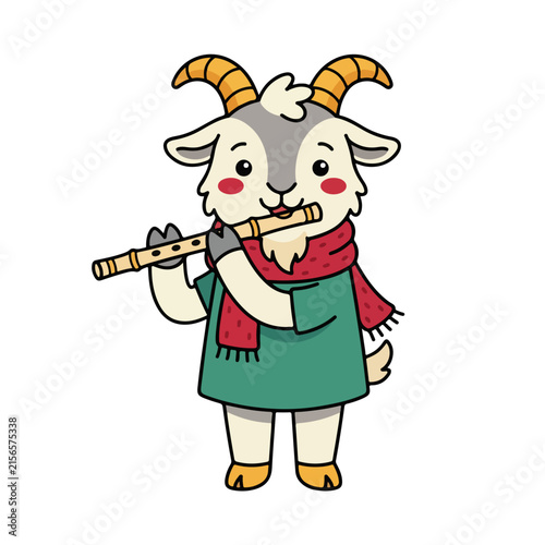Goat character playing bamboo flute for Chinese New Year 2027. Cartoon mascot in winter scarf isolated on white background