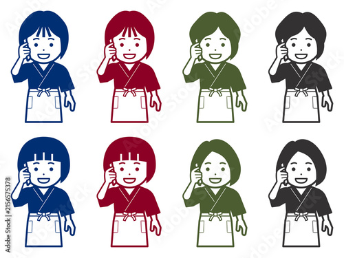[単色] スマホで電話をする作務衣に前掛けの女性のアイコン