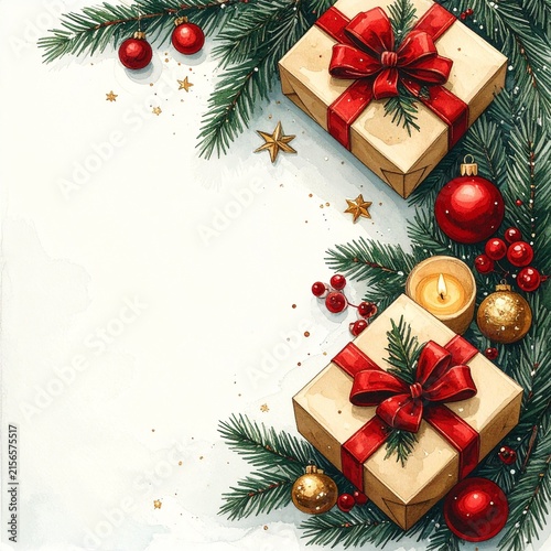 赤いリボンの贈り物と常緑樹を描いたクリスマス水彩フレーム