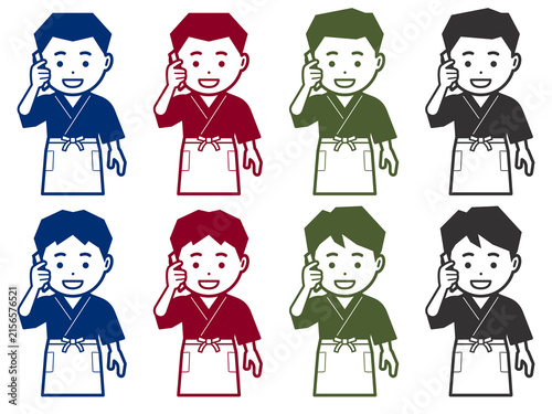 [単色] スマホで電話をする作務衣に前掛けの男性のアイコン